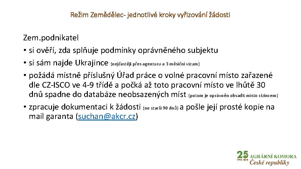 Režim Zemědělec- jednotlivé kroky vyřizování žádosti Zem. podnikatel • si ověří, zda splňuje podmínky