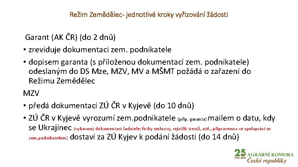 Režim Zemědělec- jednotlivé kroky vyřizování žádosti Garant (AK ČR) (do 2 dnů) • zreviduje