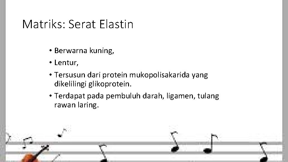 Matriks: Serat Elastin • Berwarna kuning, • Lentur, • Tersusun dari protein mukopolisakarida yang