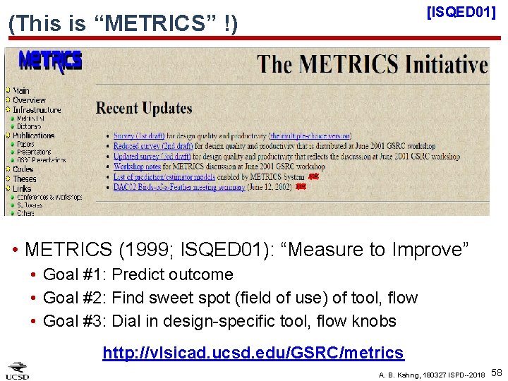 [ISQED 01] (This is “METRICS” !) • METRICS (1999; ISQED 01): “Measure to Improve”