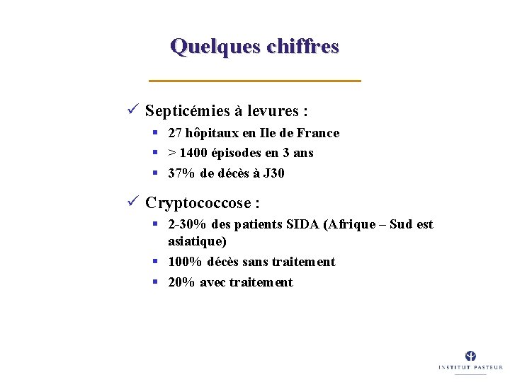Quelques chiffres ü Septicémies à levures : § 27 hôpitaux en Ile de France