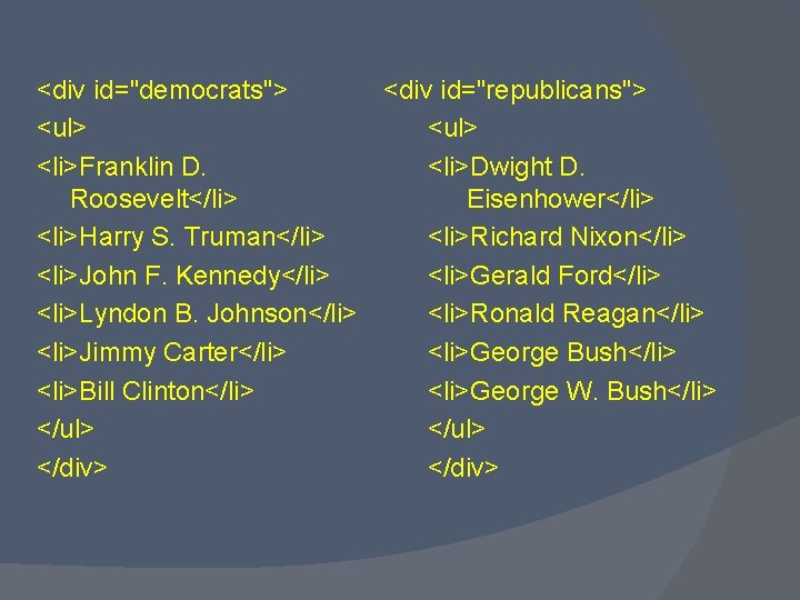 <div id="democrats"> <div id="republicans"> <ul> <li>Franklin D. <li>Dwight D. Roosevelt</li> Eisenhower</li> <li>Harry S. Truman</li>