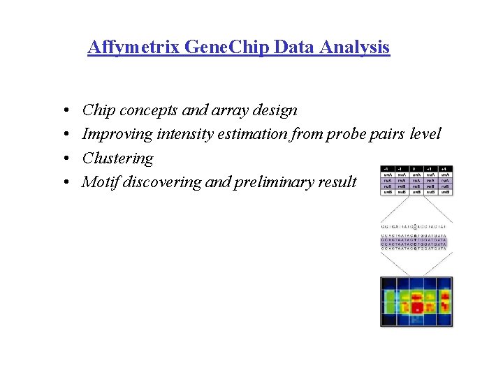 Affymetrix Gene. Chip Data Analysis • • Chip concepts and array design Improving intensity