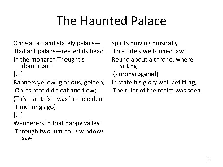 The Haunted Palace Once a fair and stately palace— Spirits moving musically Radiant palace—reared