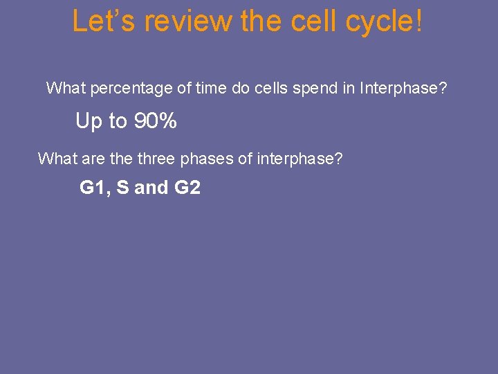Let’s review the cell cycle! What percentage of time do cells spend in Interphase?