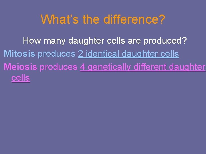 What’s the difference? How many daughter cells are produced? Mitosis produces 2 identical daughter