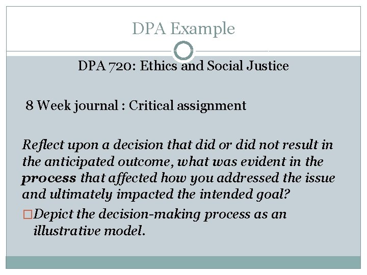 DPA Example DPA 720: Ethics and Social Justice 8 Week journal : Critical assignment