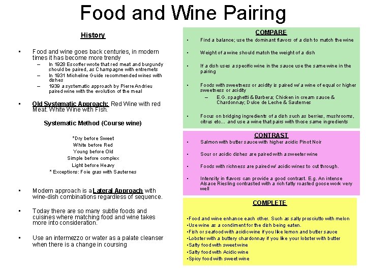 Food and Wine Pairing History • Food and wine goes back centuries, in modern