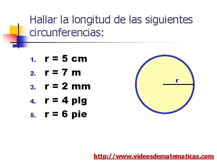 Hallar la longitud de las siguientes circunferencias: 1. 2. 3. 4. 5. r r