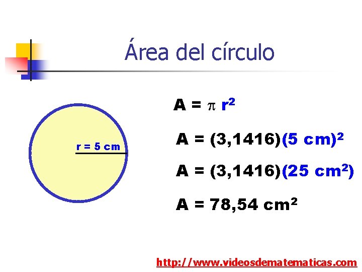 Área del círculo A = p r 2 r = 5 cm A =