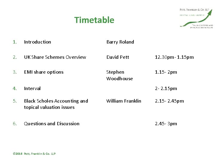 Timetable 1. Introduction Barry Roland 2. UK Share Schemes Overview David Pett 12. 30