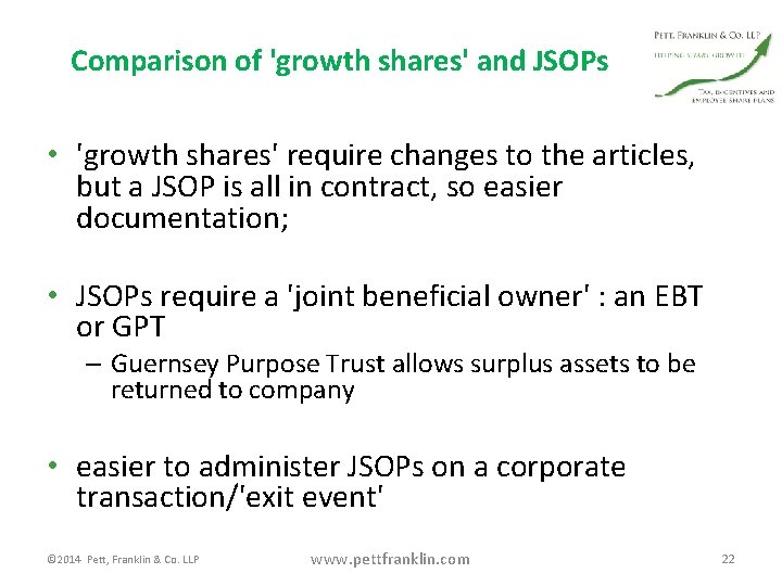 Comparison of 'growth shares' and JSOPs • 'growth shares' require changes to the articles,