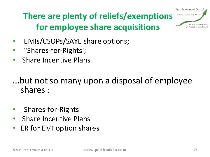 There are plenty of reliefs/exemptions for employee share acquisitions • EMIs/CSOPs/SAYE share options; •