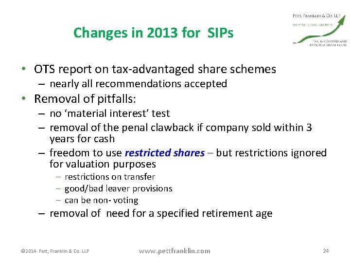 Changes in 2013 for SIPs • OTS report on tax-advantaged share schemes – nearly