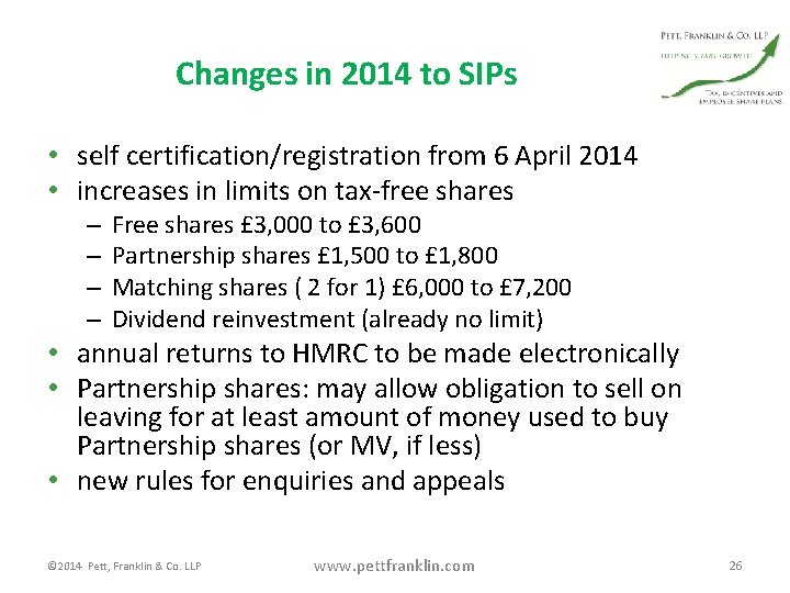 Changes in 2014 to SIPs • self certification/registration from 6 April 2014 • increases
