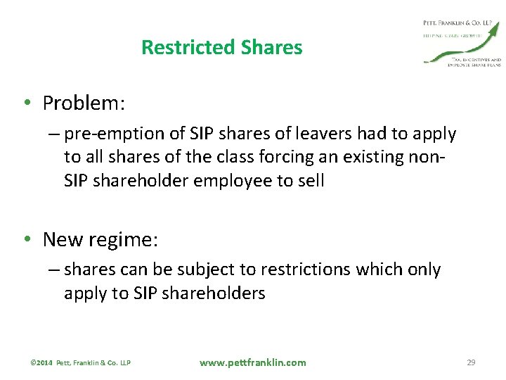 Restricted Shares • Problem: – pre-emption of SIP shares of leavers had to apply