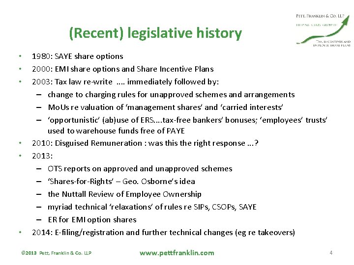 (Recent) legislative history • • • 1980: SAYE share options 2000: EMI share options