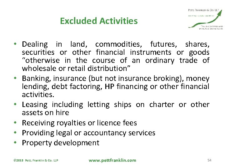 Excluded Activities • Dealing in land, commodities, futures, shares, securities or other financial instruments