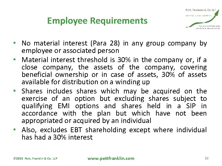 Employee Requirements • No material interest (Para 28) in any group company by employee