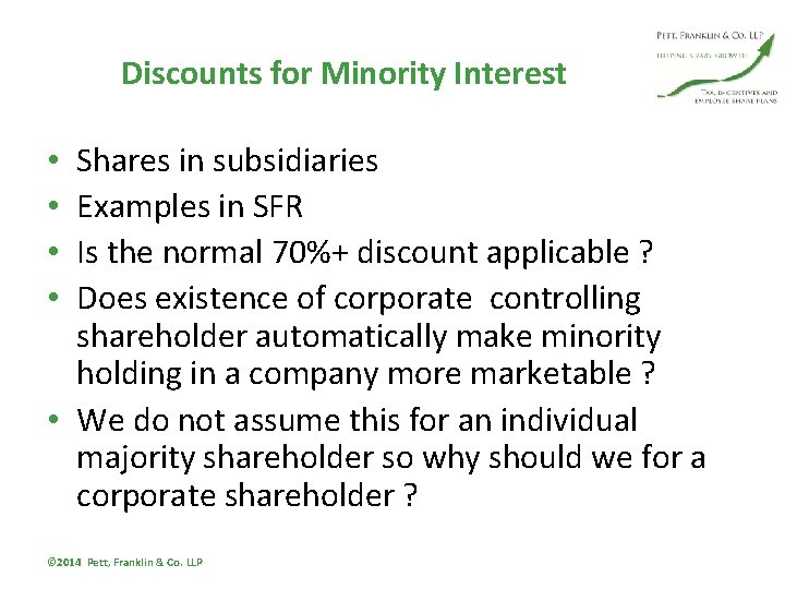 Discounts for Minority Interest Shares in subsidiaries Examples in SFR Is the normal 70%+