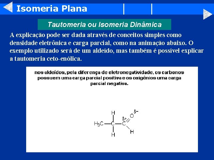 Isomeria Plana Tautomeria ou Isomeria Dinâmica A explicação pode ser dada através de conceitos