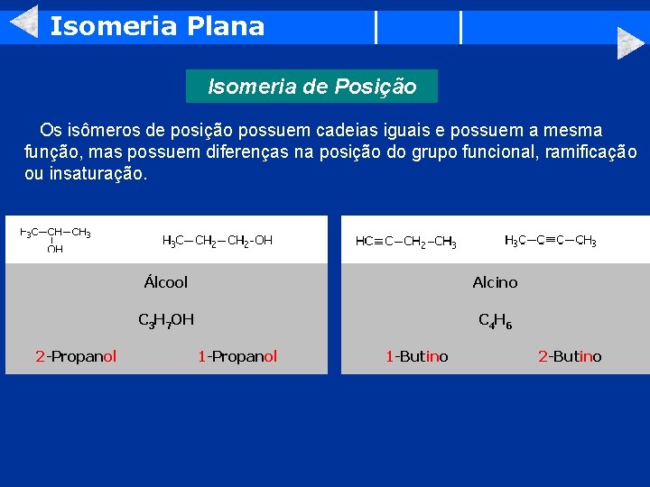 Isomeria Plana Isomeria de Posição Os isômeros de posição possuem cadeias iguais e possuem