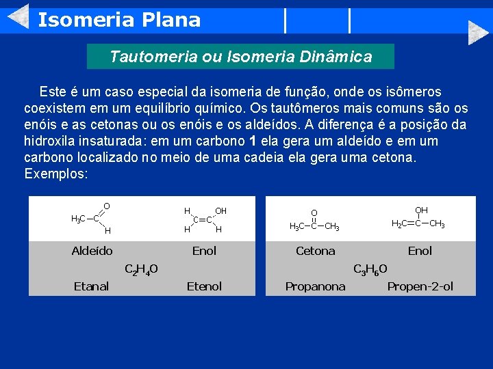Isomeria Plana Tautomeria ou Isomeria Dinâmica Este é um caso especial da isomeria de