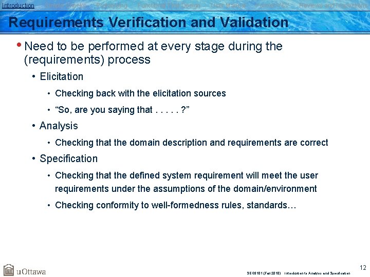 Introduction Simple Checks Prototyping Functional Test Design User Manual Formal V&V Reviews and Inspections