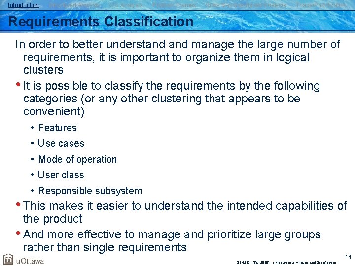 Introduction Structured Analysis OO Analysis Problem Frames State Machine-Based Analysis Triage/Prioritization Requirements Classification In