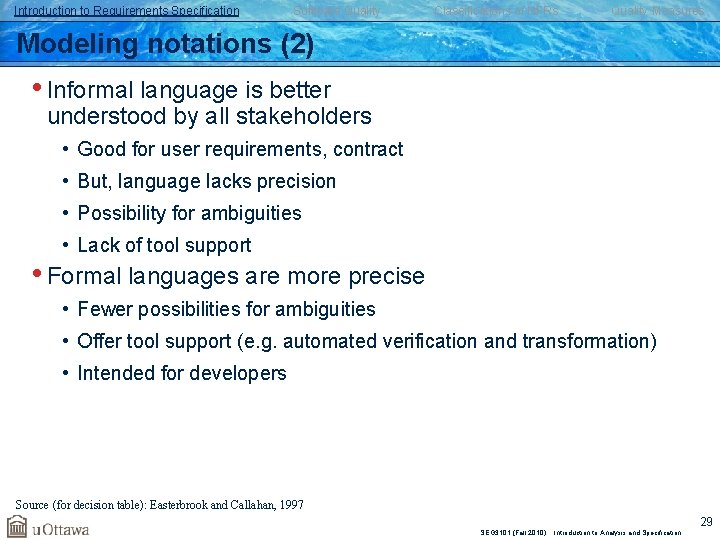 Introduction to Requirements Specification Software Quality Classifications of NFRs Quality Measures Modeling notations (2)