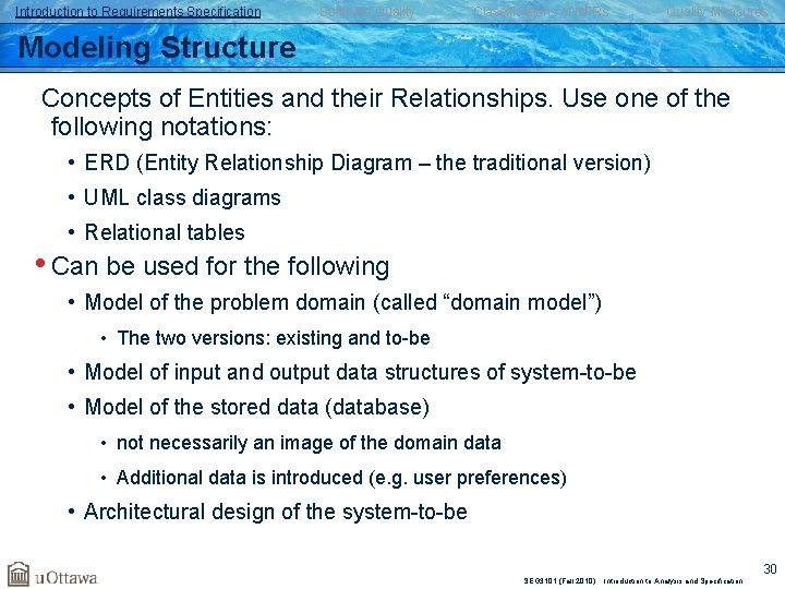 Introduction to Requirements Specification Software Quality Classifications of NFRs Quality Measures Modeling Structure Concepts