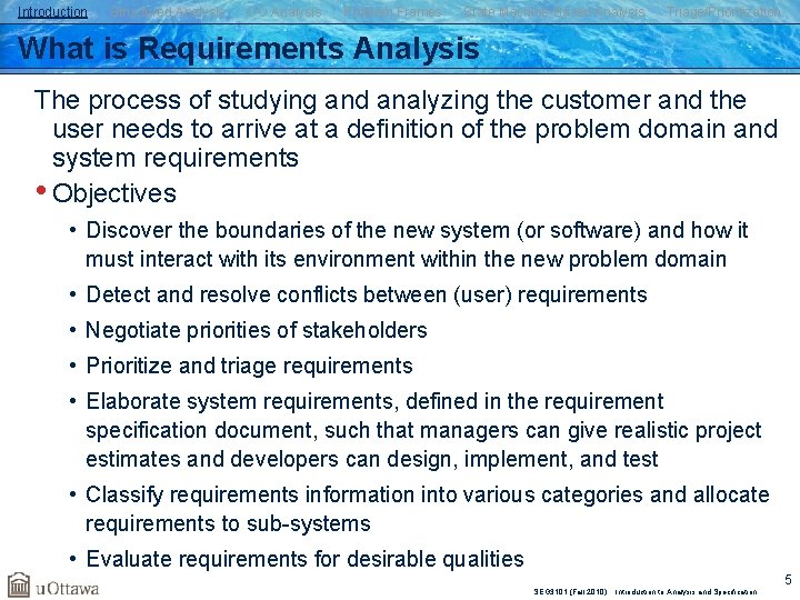 Introduction Structured Analysis OO Analysis Problem Frames State Machine-Based Analysis Triage/Prioritization What is Requirements