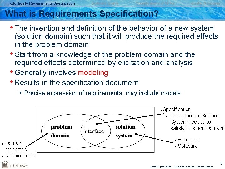 Introduction to Requirements Specification Software Quality Classifications of NFRs Quality Measures What is Requirements