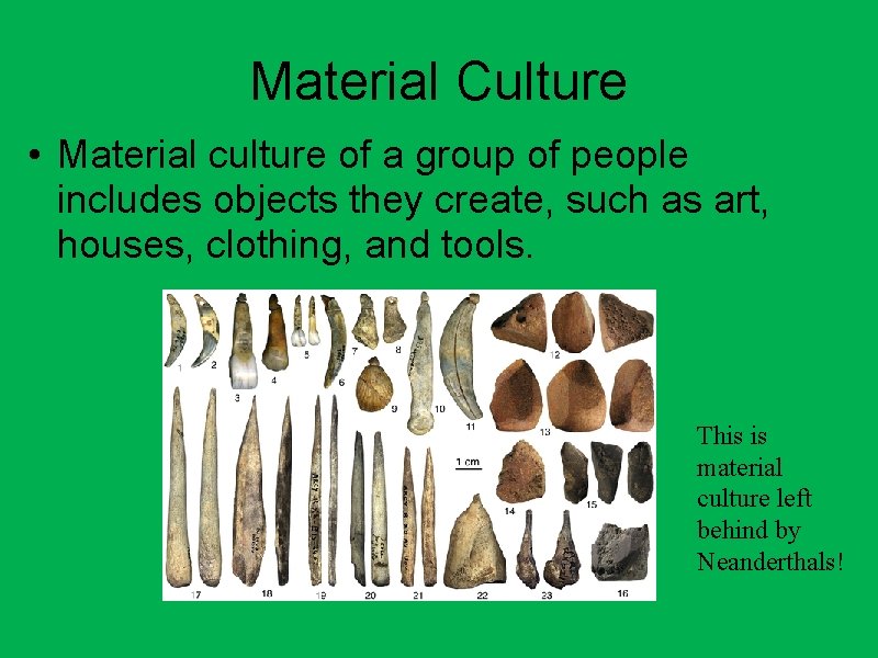 Material Culture • Material culture of a group of people includes objects they create,