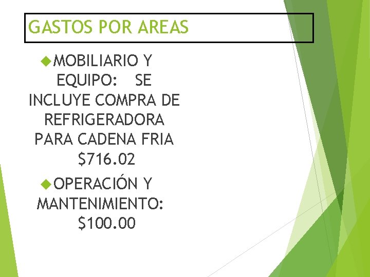 GASTOS POR AREAS MOBILIARIO Y EQUIPO: SE INCLUYE COMPRA DE REFRIGERADORA PARA CADENA FRIA