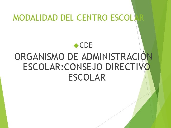 MODALIDAD DEL CENTRO ESCOLAR CDE ORGANISMO DE ADMINISTRACIÓN ESCOLAR: CONSEJO DIRECTIVO ESCOLAR 