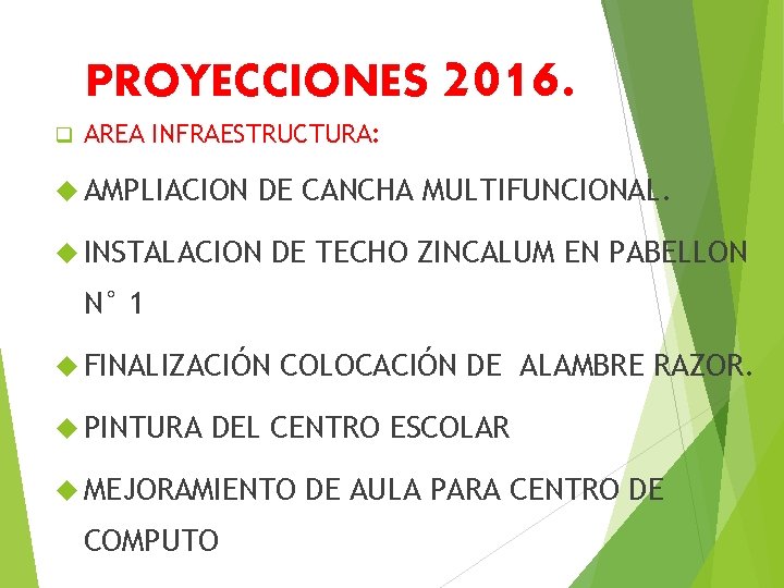 PROYECCIONES 2016. q AREA INFRAESTRUCTURA: AMPLIACION DE CANCHA MULTIFUNCIONAL. INSTALACION DE TECHO ZINCALUM EN