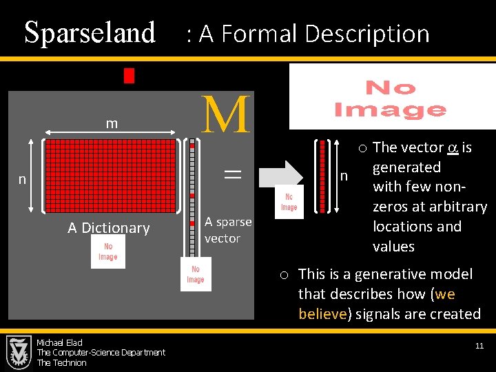 Sparseland : A Formal Description M m n A sparse vector A Dictionary Michael