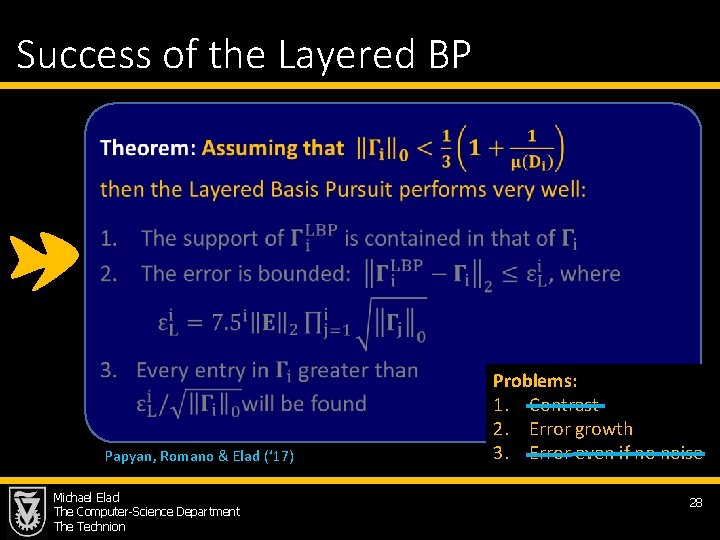 Success of the Layered BP Papyan, Romano & Elad (‘ 17) Michael Elad The