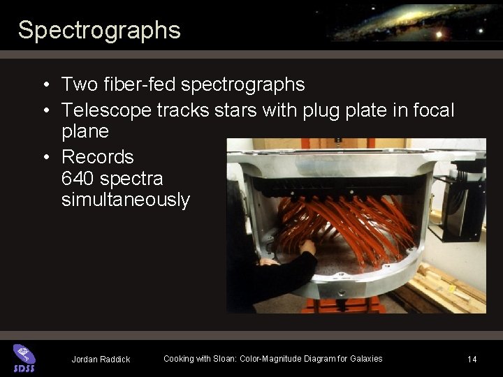 Spectrographs • Two fiber-fed spectrographs • Telescope tracks stars with plug plate in focal Spectrographs • Two fiber-fed spectrographs • Telescope tracks stars with plug plate in focal