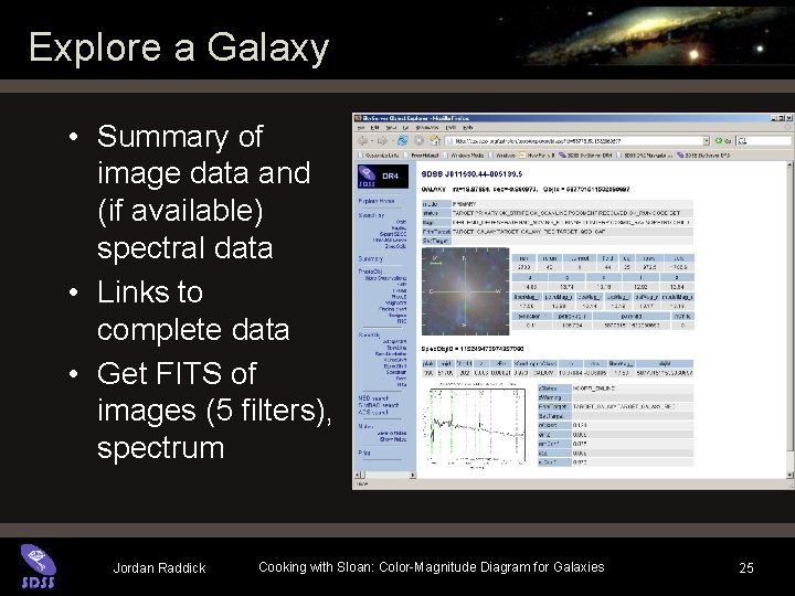 Explore a Galaxy • Summary of image data and (if available) spectral data • Explore a Galaxy • Summary of image data and (if available) spectral data •