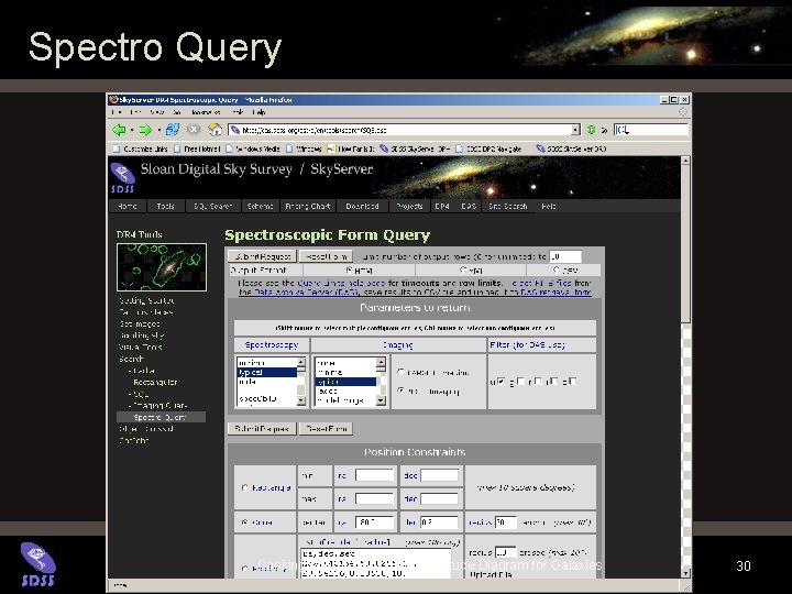 Spectro Query Jordan Raddick Cooking with Sloan: Color-Magnitude Diagram for Galaxies 30 Spectro Query Jordan Raddick Cooking with Sloan: Color-Magnitude Diagram for Galaxies 30