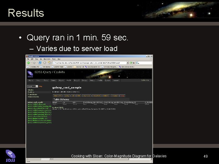 Results • Query ran in 1 min. 59 sec. – Varies due to server Results • Query ran in 1 min. 59 sec. – Varies due to server