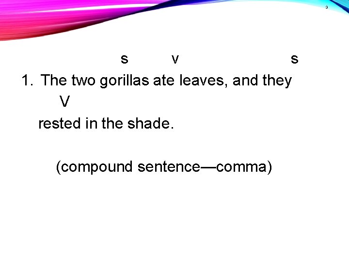 3 s v s 1. The two gorillas ate leaves, and they V rested