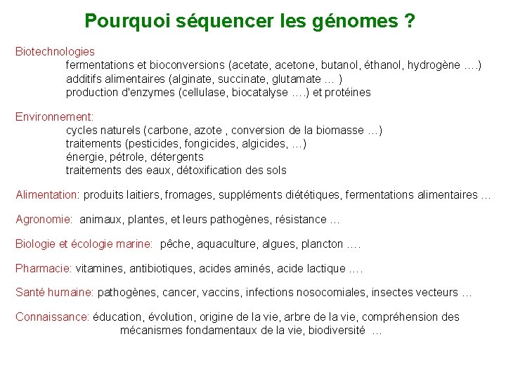 Pourquoi séquencer les génomes ? Biotechnologies fermentations et bioconversions (acetate, acetone, butanol, éthanol, hydrogène