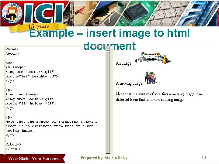 Example – insert image to html document Prepared by: Ma'am Daisy 14 