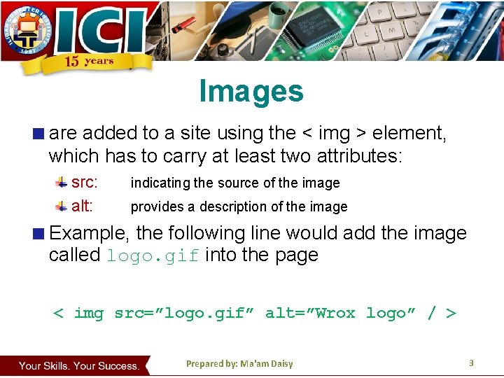 Images are added to a site using the < img > element, which has