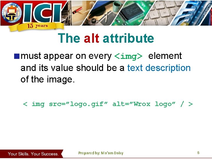 The alt attribute must appear on every <img> element and its value should be