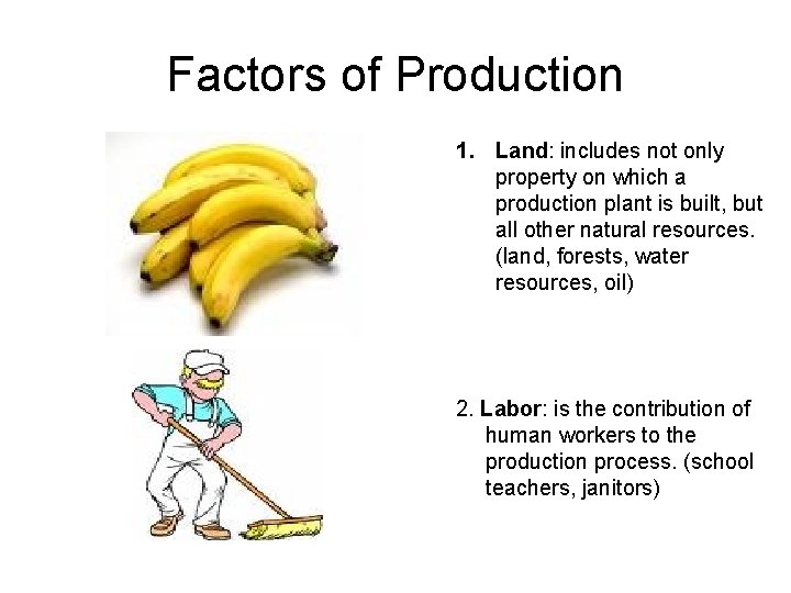 Factors of Production 1. Land: includes not only property on which a production plant