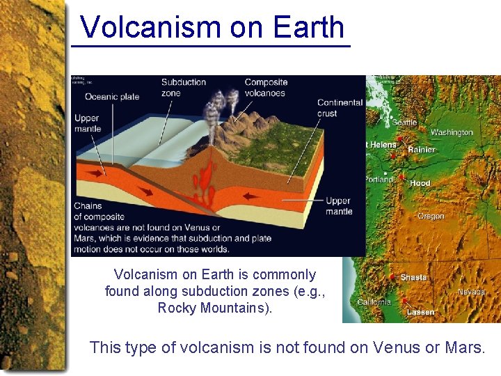 Volcanism on Earth is commonly found along subduction zones (e. g. , Rocky Mountains).